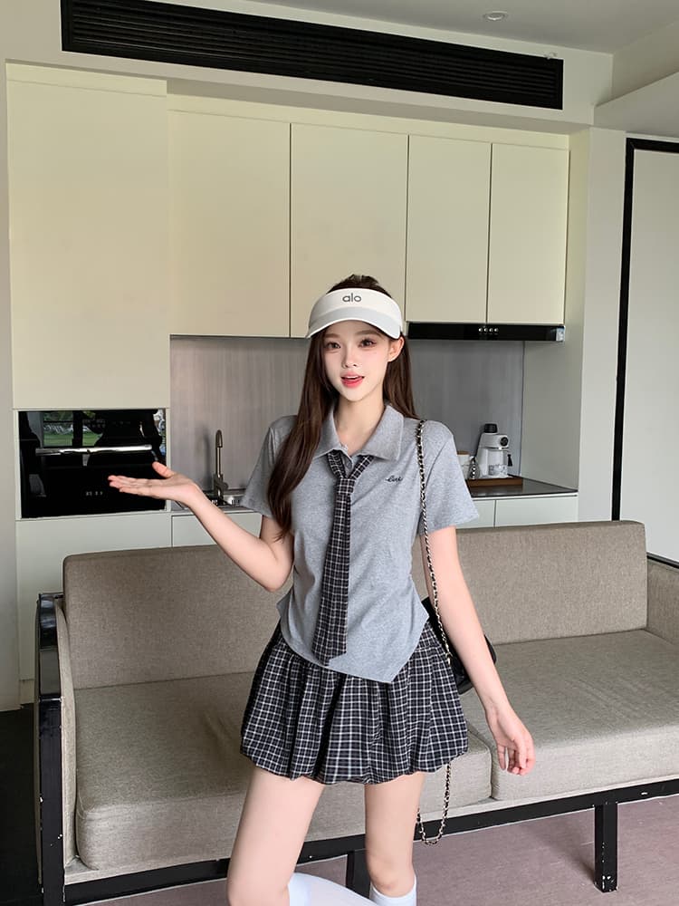 실사 2026 여름 드레스 새로운 지방 mm 빅 사이즈 여성 학원 스타일 POLO 칼라 넥타이 반팔 체크무늬 반신 치마 세트 상세 이미지 12