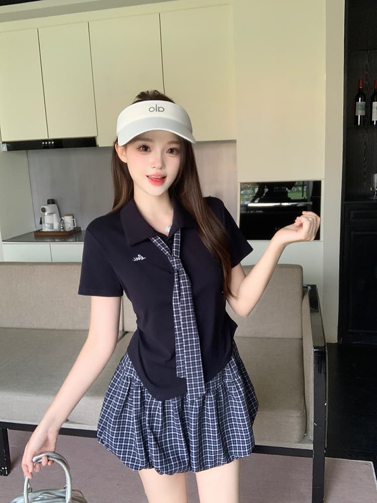 실사 2026 여름 드레스 새로운 지방 mm 빅 사이즈 여성 학원 스타일 POLO 칼라 넥타이 반팔 체크무늬 반신 치마 세트 상세 이미지 14