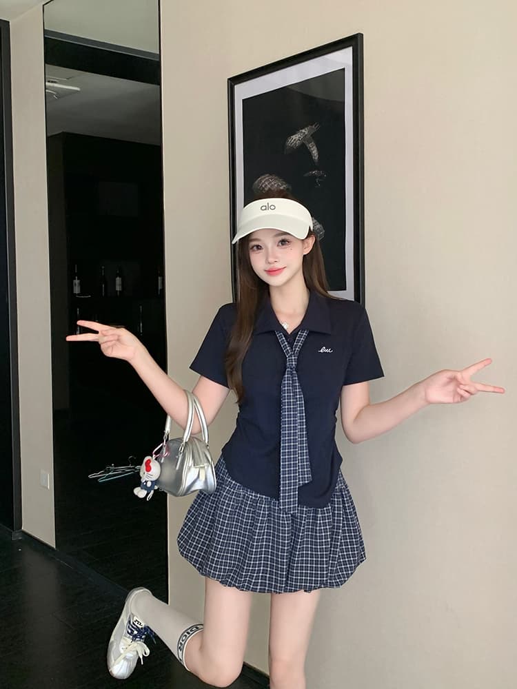 실사 2026 여름 드레스 새로운 지방 mm 빅 사이즈 여성 학원 스타일 POLO 칼라 넥타이 반팔 체크무늬 반신 치마 세트 상세 이미지 20