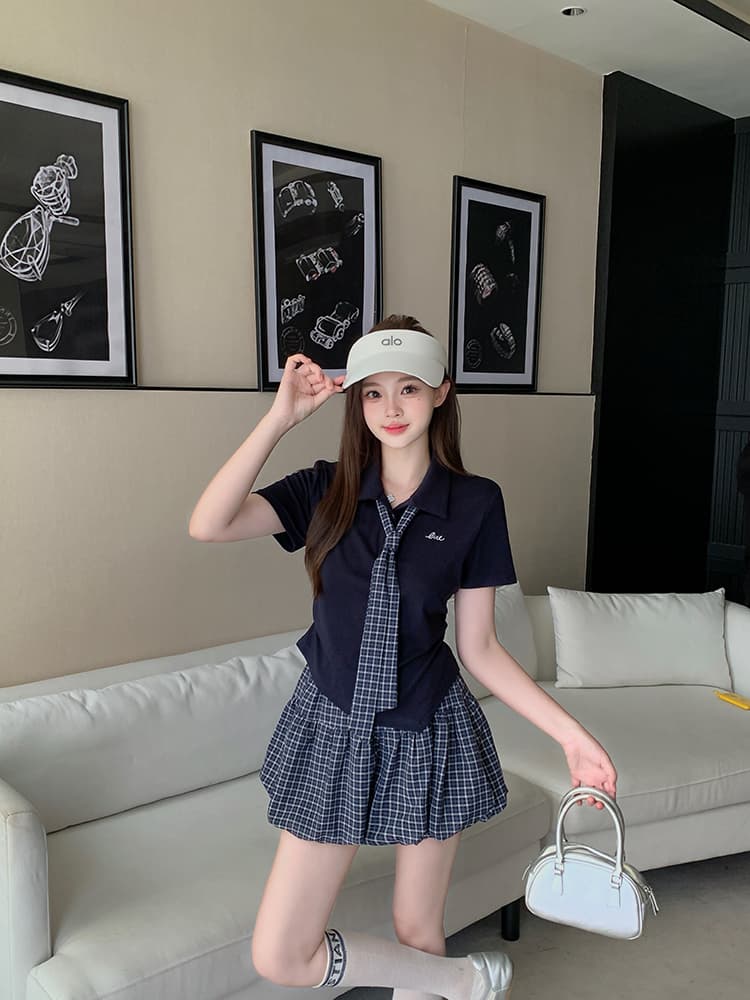 실사 2026 여름 드레스 새로운 지방 mm 빅 사이즈 여성 학원 스타일 POLO 칼라 넥타이 반팔 체크무늬 반신 치마 세트 상세 이미지 24