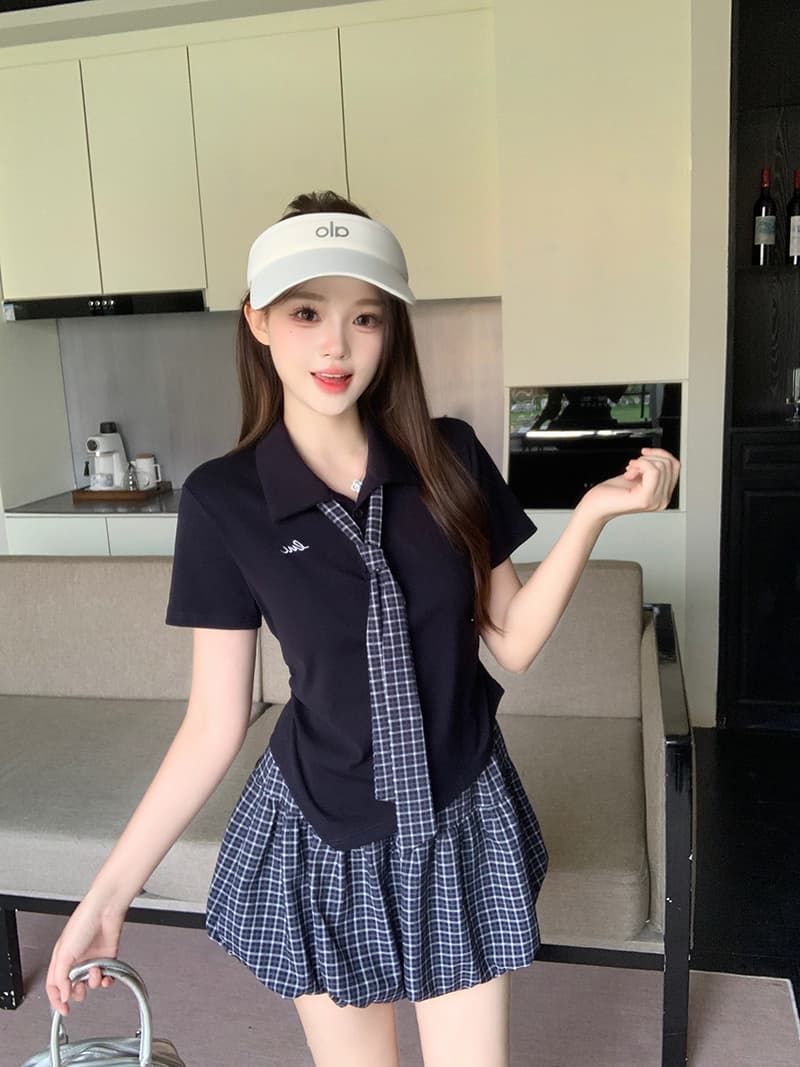실사 2026 여름 드레스 새로운 지방 mm 빅 사이즈 여성 학원 스타일 POLO 칼라 넥타이 반팔 체크무늬 반신 치마 세트 이미지 4