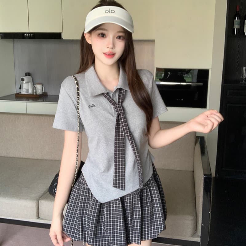 실사 2026 여름 드레스 새로운 지방 mm 빅 사이즈 여성 학원 스타일 POLO 칼라 넥타이 반팔 체크무늬 반신 치마 세트 이미지 5