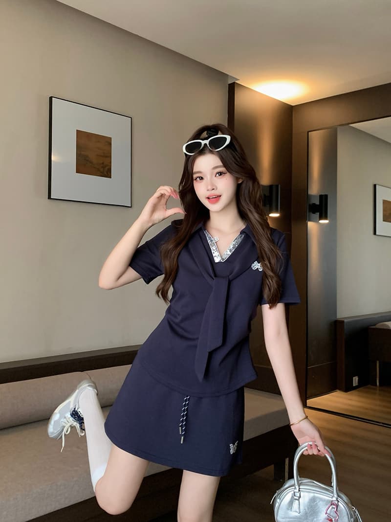 실사 2026 여름 드레스 새로운 지방 mm 빅 사이즈 여성 레저 숄 빛나는 나비 반팔 미니 스커트 3종 세트