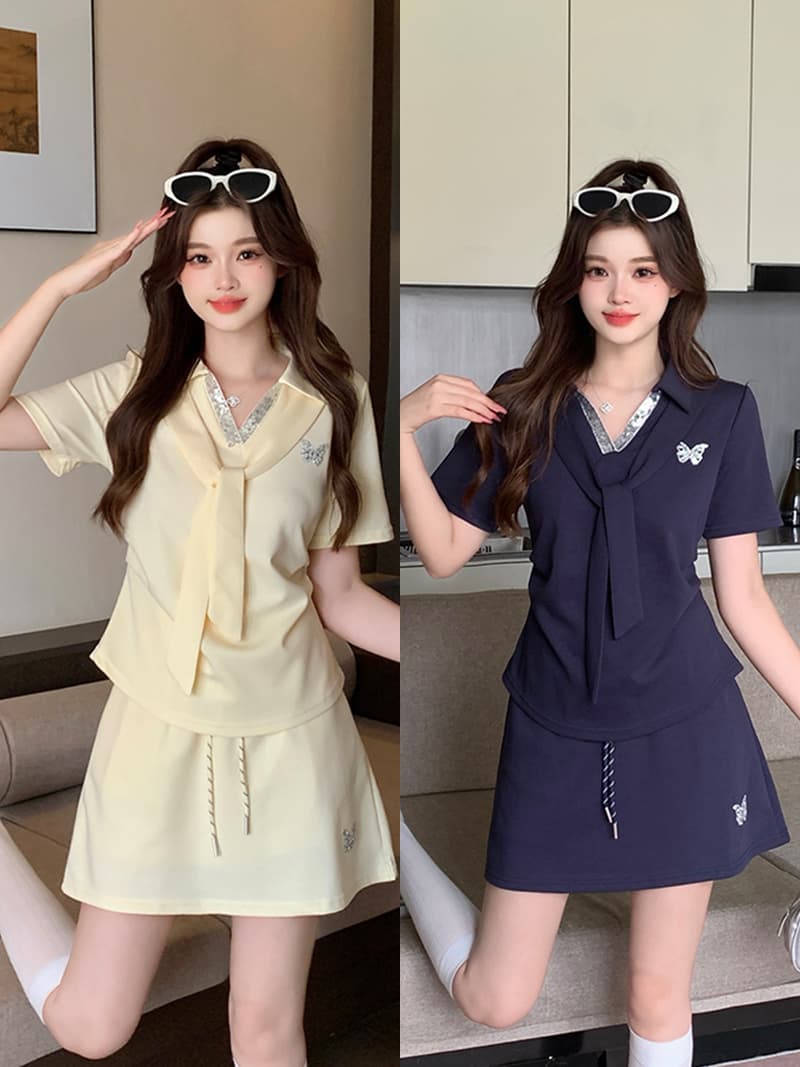 실사 2026 여름 드레스 새로운 지방 mm 빅 사이즈 여성 레저 숄 빛나는 나비 반팔 미니 스커트 3종 세트 이미지 3