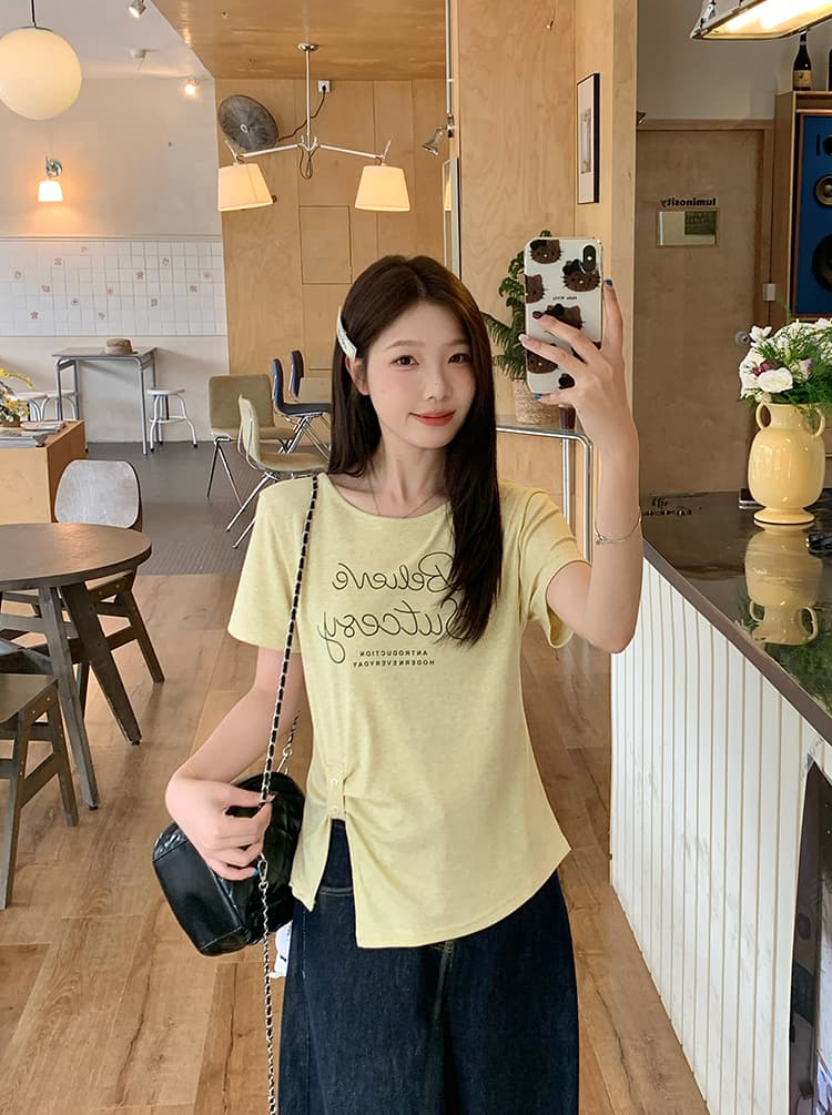 실사 2026 여름 드레스 새로운 지방 mm 빅 사이즈 여성 레저 프린트 알파벳 라운드 넥 Chic 불규칙 반팔 티셔츠 상세 이미지 9