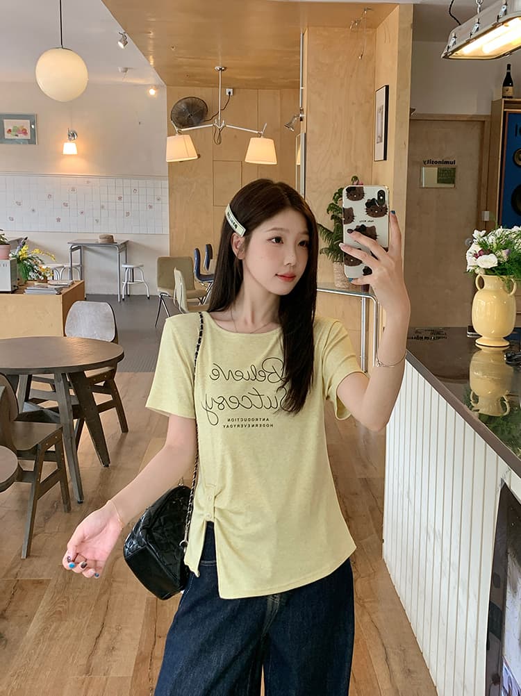 실사 2026 여름 드레스 새로운 지방 mm 빅 사이즈 여성 레저 프린트 알파벳 라운드 넥 Chic 불규칙 반팔 티셔츠 상세 이미지 11