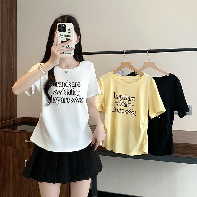 실사 2026 여름 드레스 새로운 지방 mm 빅 사이즈 여성 레저 프린트 알파벳 라운드 넥 곡선 꼬집기 허리 반팔 티셔츠 상세 이미지 3