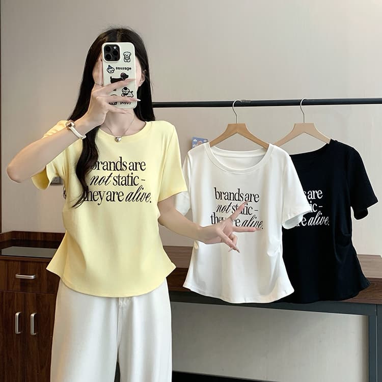 실사 2026 여름 드레스 새로운 지방 mm 빅 사이즈 여성 레저 프린트 알파벳 라운드 넥 곡선 꼬집기 허리 반팔 티셔츠 상세 이미지 14
