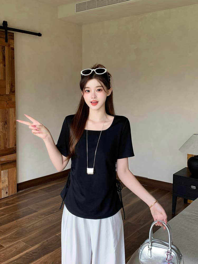 실사 2026 여름 드레스 새로운 지방 mm 빅 사이즈 여성 패션 디자인 센스 u 칼라 스트랩 곡선 단색 반팔 티셔츠 상세 이미지 21