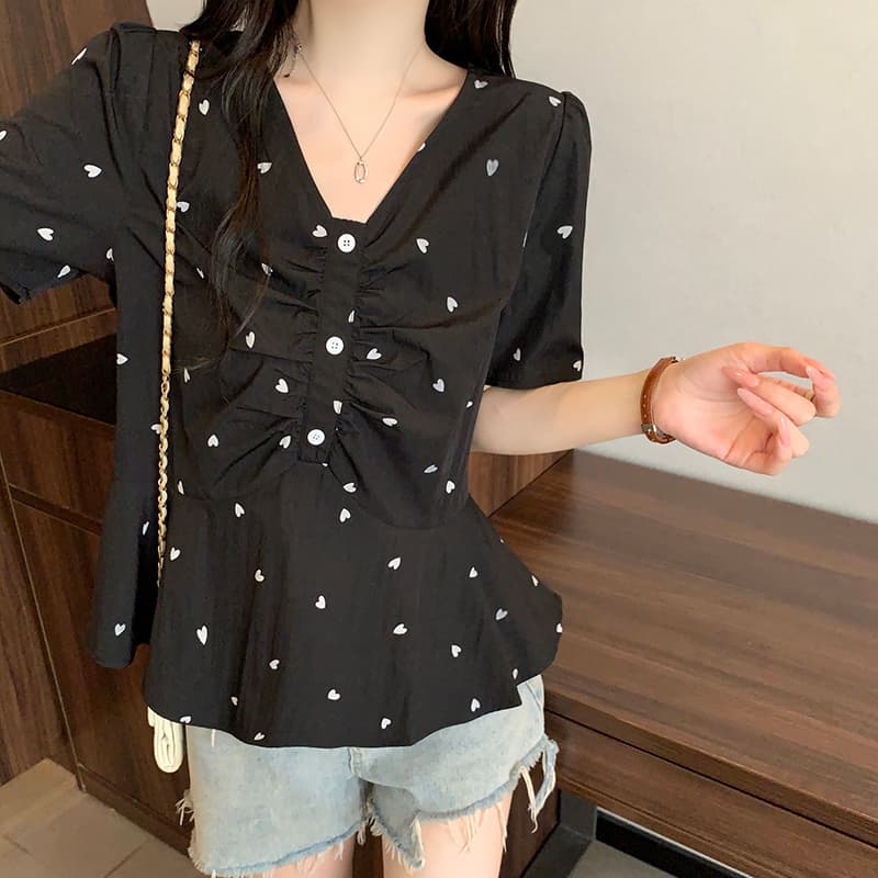 실사 2026 여름 드레스 새로운 지방 mm 빅 사이즈 여성 한 부서 달콤함 V넥 yinhua 하트 반팔 작은 셔츠 맨위 이미지 5