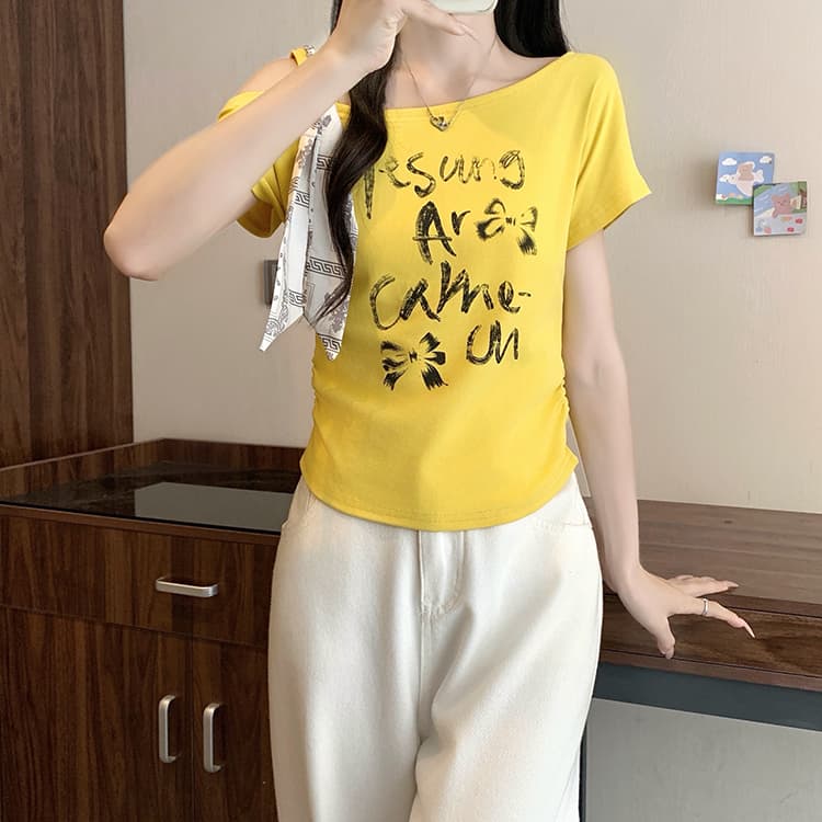 실사 2026 여름 드레스 새로운 지방 mm 빅 사이즈 여성 패션 디자인 센스 스카프 비스듬한 칼라 프린트 오프숄더 반팔 티셔츠 상세 이미지 16