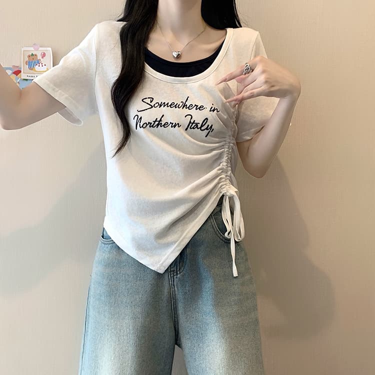 실사 2026 여름 드레스 새로운 지방 mm 빅 사이즈 여성 한 부서 페이크 레이어드 프린트 알파벳 펌프 로프 Chic 반팔 티셔츠 상세 이미지 24
