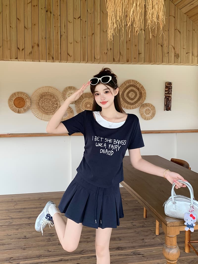 실사 2026 여름 드레스 새로운 지방 mm 빅 사이즈 여성 레저 배색 프린트 알파벳 반팔 미니 스커트 달콤한 매운맛 투피스 세트 이미지 2