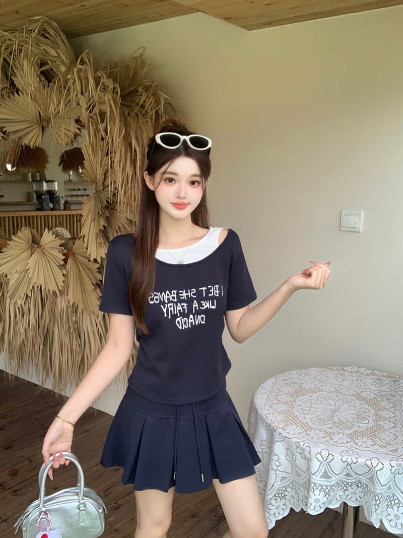 실사 2026 여름 드레스 새로운 지방 mm 빅 사이즈 여성 레저 배색 프린트 알파벳 반팔 미니 스커트 달콤한 매운맛 투피스 세트 이미지 4
