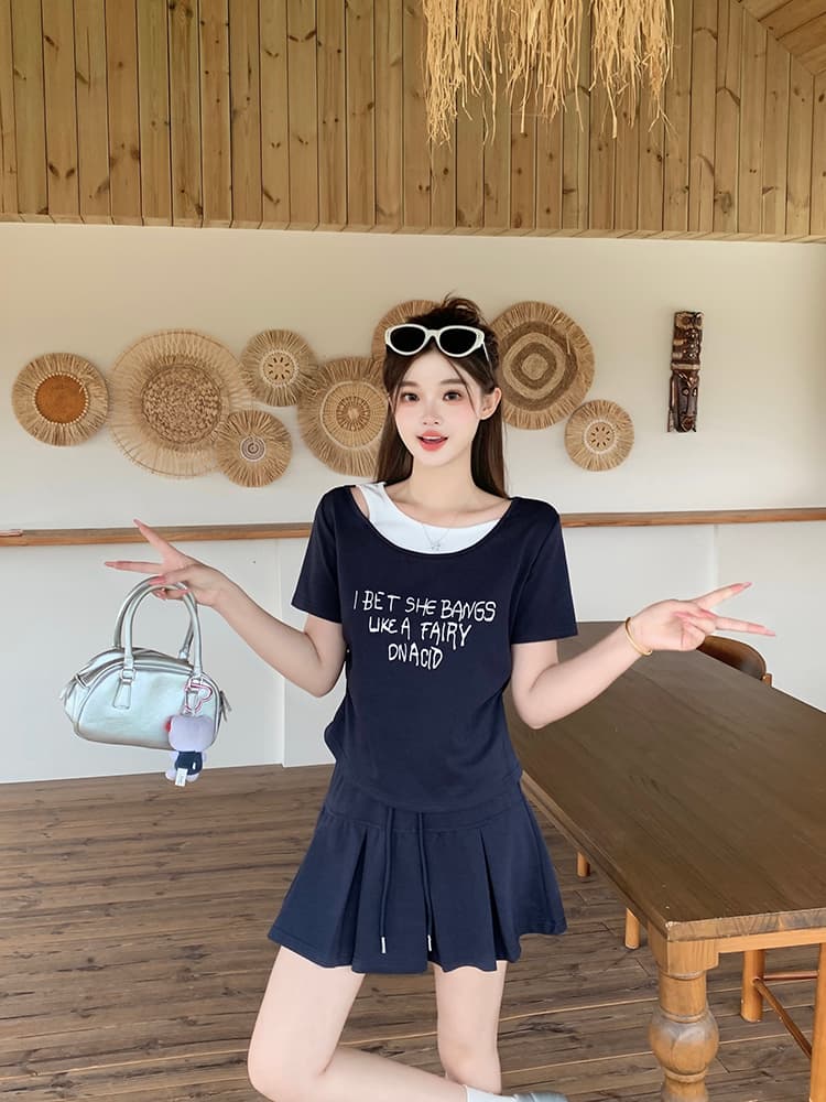 실사 2026 여름 드레스 새로운 지방 mm 빅 사이즈 여성 레저 배색 프린트 알파벳 반팔 미니 스커트 달콤한 매운맛 투피스 세트 상세 이미지 9