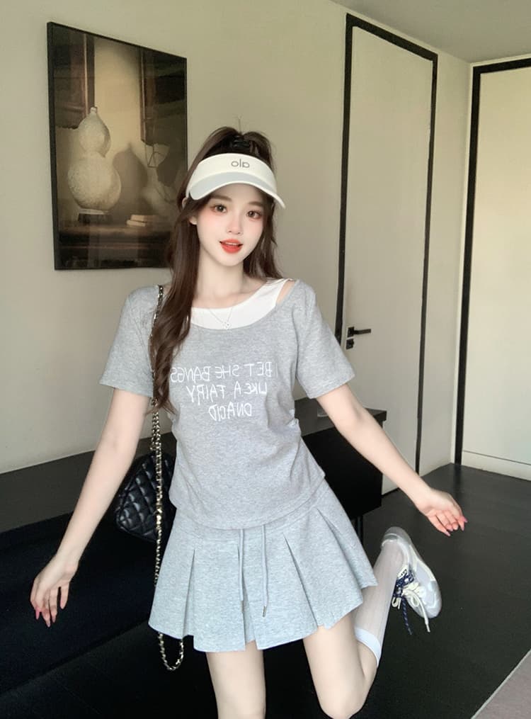 실사 2026 여름 드레스 새로운 지방 mm 빅 사이즈 여성 레저 배색 프린트 알파벳 반팔 미니 스커트 달콤한 매운맛 투피스 세트 상세 이미지 19