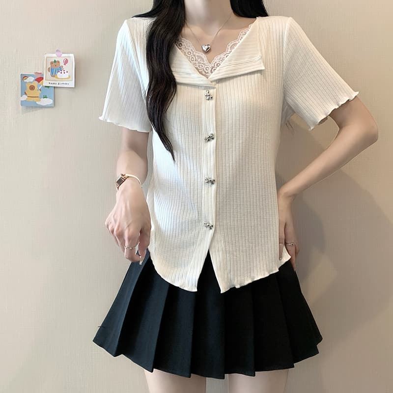 실사 2026 여름 드레스 새로운 지방 mm 빅 사이즈 여성 한 부서 달콤함 패치워크 레이스 레이스 반팔 작은 셔츠 맨위 이미지 2