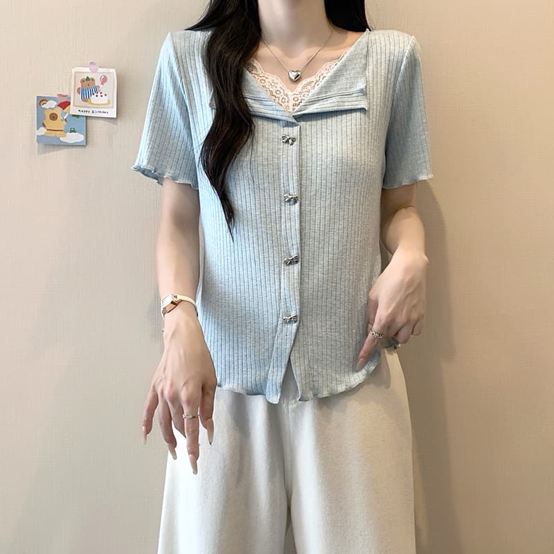 실사 2026 여름 드레스 새로운 지방 mm 빅 사이즈 여성 한 부서 달콤함 패치워크 레이스 레이스 반팔 작은 셔츠 맨위 이미지 3