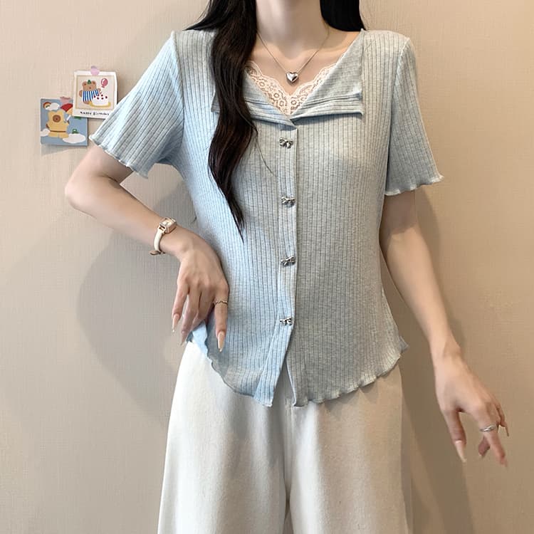 실사 2026 여름 드레스 새로운 지방 mm 빅 사이즈 여성 한 부서 달콤함 패치워크 레이스 레이스 반팔 작은 셔츠 맨위 상세 이미지 5