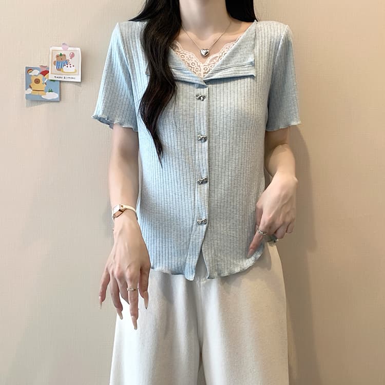 실사 2026 여름 드레스 새로운 지방 mm 빅 사이즈 여성 한 부서 달콤함 패치워크 레이스 레이스 반팔 작은 셔츠 맨위 상세 이미지 6