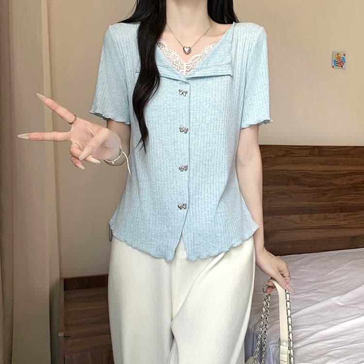 실사 2026 여름 드레스 새로운 지방 mm 빅 사이즈 여성 한 부서 달콤함 패치워크 레이스 레이스 반팔 작은 셔츠 맨위 상세 이미지 9
