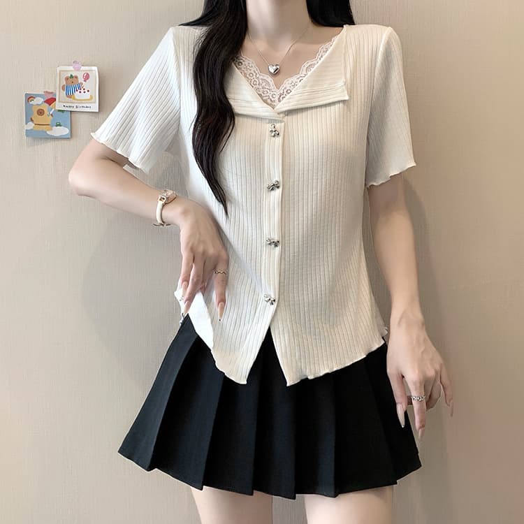 실사 2026 여름 드레스 새로운 지방 mm 빅 사이즈 여성 한 부서 달콤함 패치워크 레이스 레이스 반팔 작은 셔츠 맨위 상세 이미지 15