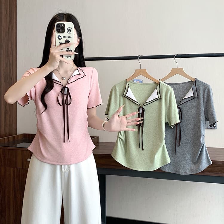 실사 2026 여름 드레스 새로운 지방 mm 빅 사이즈 여성 한 부서 레이스업 나비 매듭 배색 꼬집기 허리 곡선 반팔 티셔츠 상세 이미지 3