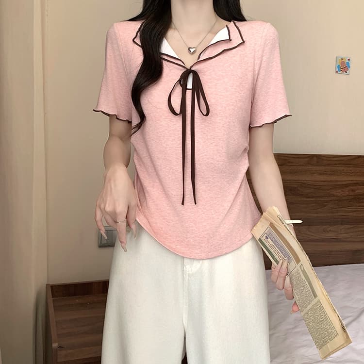 실사 2026 여름 드레스 새로운 지방 mm 빅 사이즈 여성 한 부서 레이스업 나비 매듭 배색 꼬집기 허리 곡선 반팔 티셔츠 상세 이미지 7