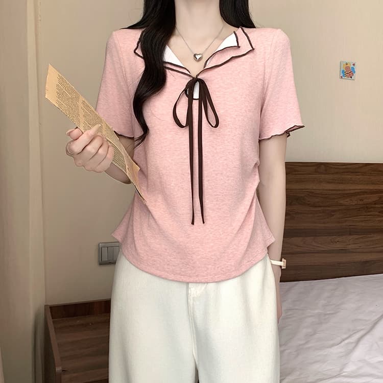 실사 2026 여름 드레스 새로운 지방 mm 빅 사이즈 여성 한 부서 레이스업 나비 매듭 배색 꼬집기 허리 곡선 반팔 티셔츠 상세 이미지 9