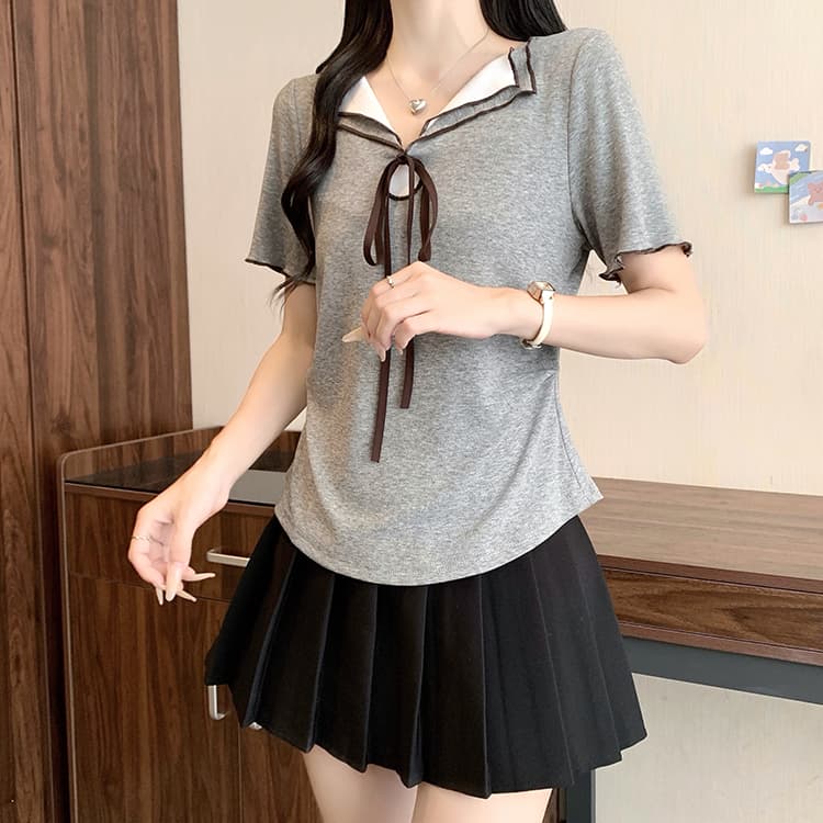실사 2026 여름 드레스 새로운 지방 mm 빅 사이즈 여성 한 부서 레이스업 나비 매듭 배색 꼬집기 허리 곡선 반팔 티셔츠 상세 이미지 20