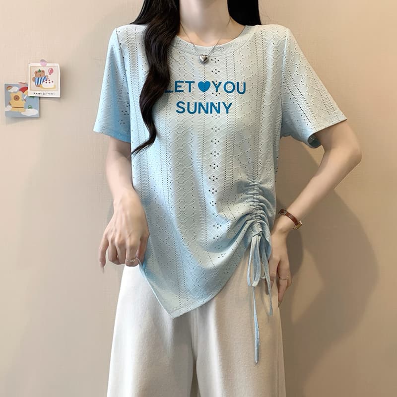 실사 2026 여름 드레스 새로운 지방 mm 빅 사이즈 여성 한 부서 프린트 알파벳 홀로우 아웃 불규칙 반팔 티셔츠 이미지 3
