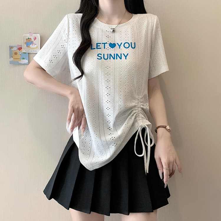 실사 2026 여름 드레스 새로운 지방 mm 빅 사이즈 여성 한 부서 프린트 알파벳 홀로우 아웃 불규칙 반팔 티셔츠 상세 이미지 5