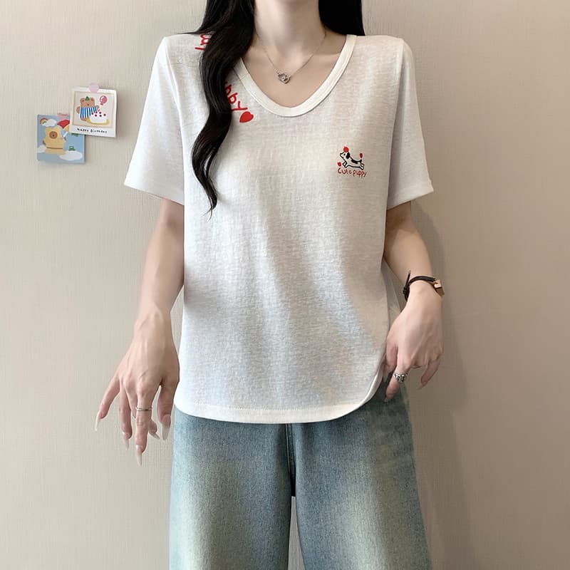 실사 2026 여름 드레스 새로운 지방 mm 빅 사이즈 여성 한 부서 연령 감소 만화 프린트 디자인 센스 반팔 티셔츠 이미지 5