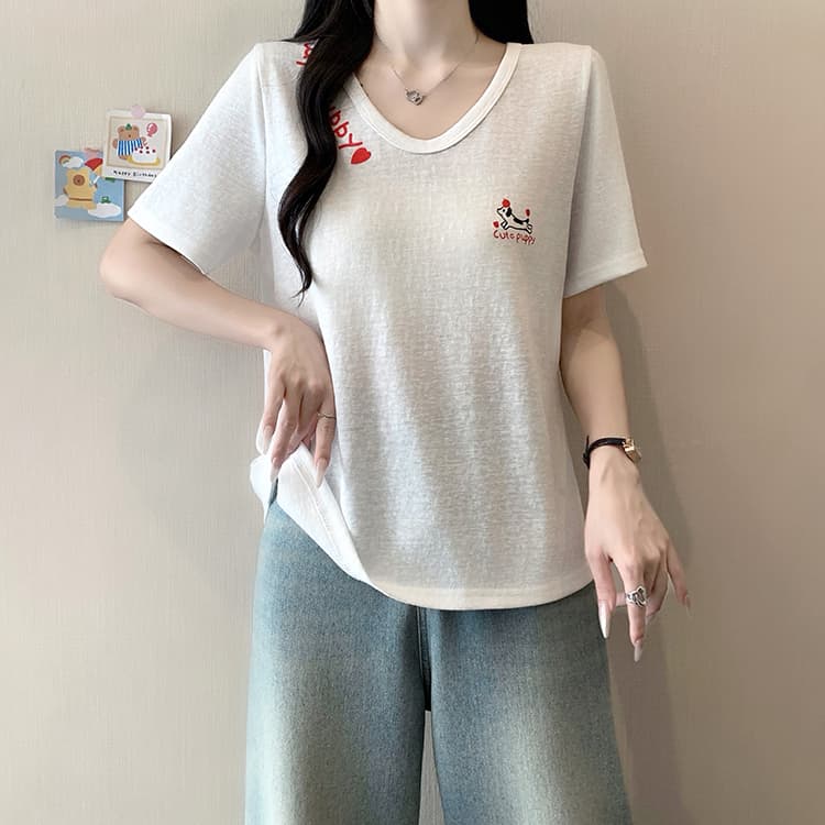 실사 2026 여름 드레스 새로운 지방 mm 빅 사이즈 여성 한 부서 연령 감소 만화 프린트 디자인 센스 반팔 티셔츠 상세 이미지 17