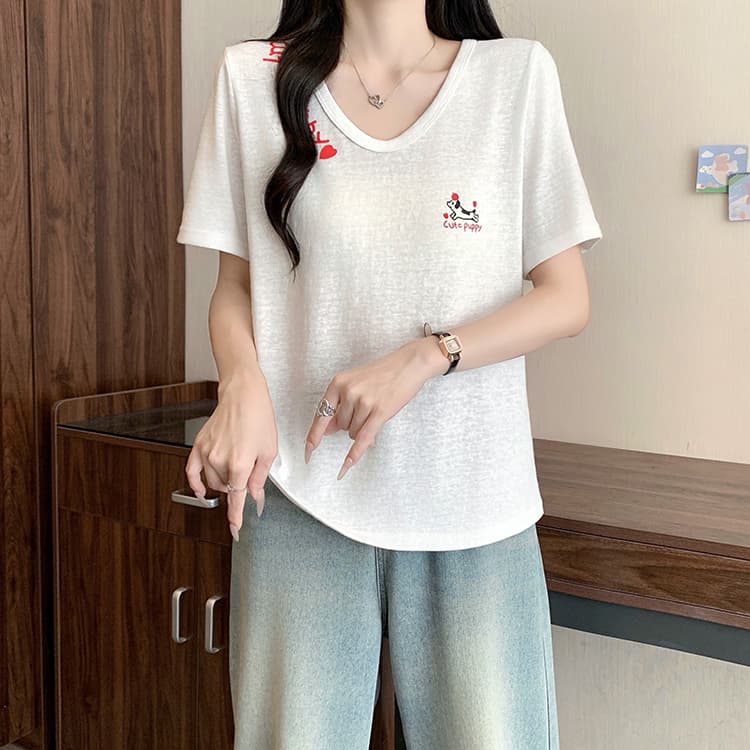 실사 2026 여름 드레스 새로운 지방 mm 빅 사이즈 여성 한 부서 연령 감소 만화 프린트 디자인 센스 반팔 티셔츠 상세 이미지 19