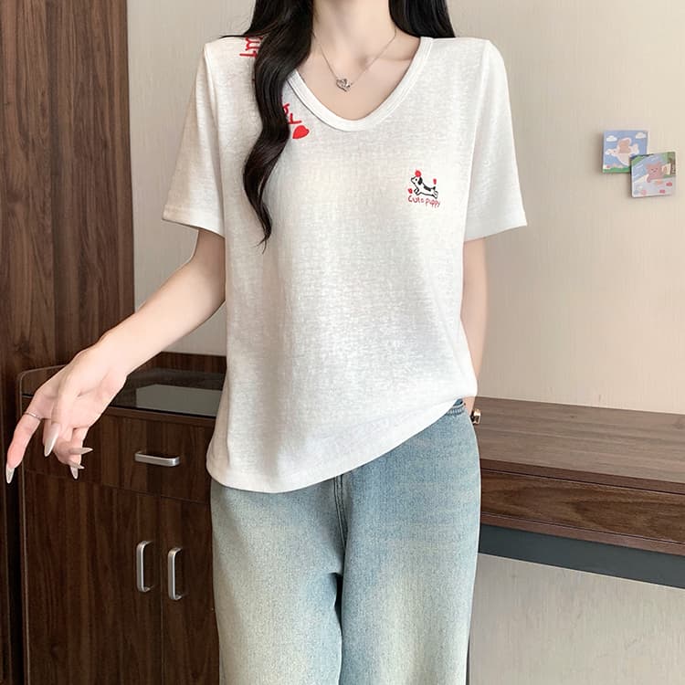 실사 2026 여름 드레스 새로운 지방 mm 빅 사이즈 여성 한 부서 연령 감소 만화 프린트 디자인 센스 반팔 티셔츠 상세 이미지 20