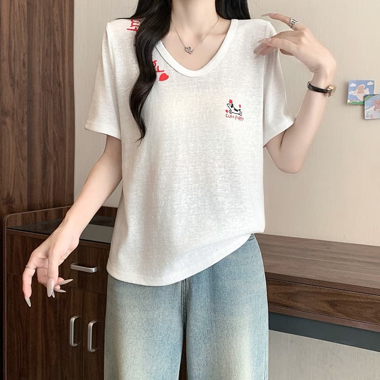 실사 2026 여름 드레스 새로운 지방 mm 빅 사이즈 여성 한 부서 연령 감소 만화 프린트 디자인 센스 반팔 티셔츠 상세 이미지 21