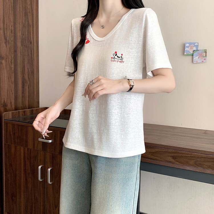 실사 2026 여름 드레스 새로운 지방 mm 빅 사이즈 여성 한 부서 연령 감소 만화 프린트 디자인 센스 반팔 티셔츠 상세 이미지 22