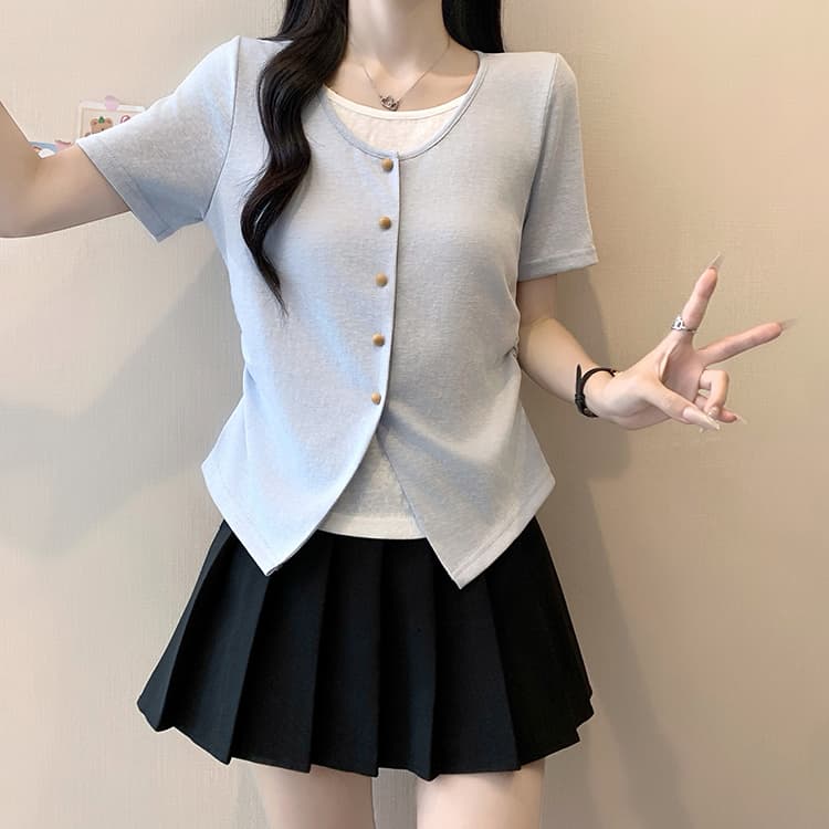 실사 2026 여름 드레스 새로운 지방 mm 빅 사이즈 여성 한 부서 배색 페이크 레이어드 꼬집기 허리 곡선 반팔 맨위 상세 이미지 7