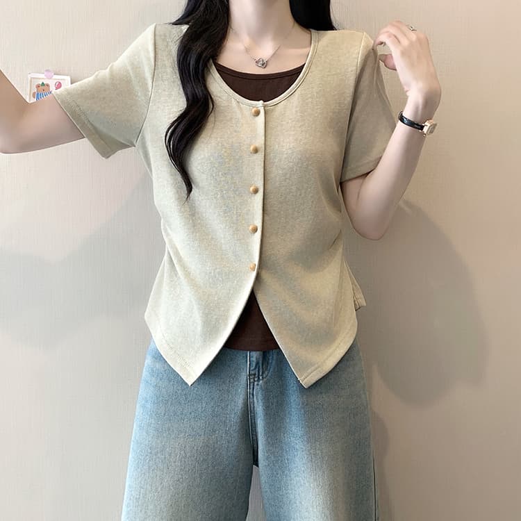 실사 2026 여름 드레스 새로운 지방 mm 빅 사이즈 여성 한 부서 배색 페이크 레이어드 꼬집기 허리 곡선 반팔 맨위 상세 이미지 16
