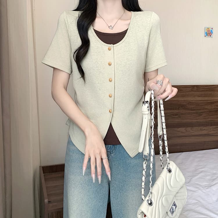실사 2026 여름 드레스 새로운 지방 mm 빅 사이즈 여성 한 부서 배색 페이크 레이어드 꼬집기 허리 곡선 반팔 맨위 상세 이미지 18