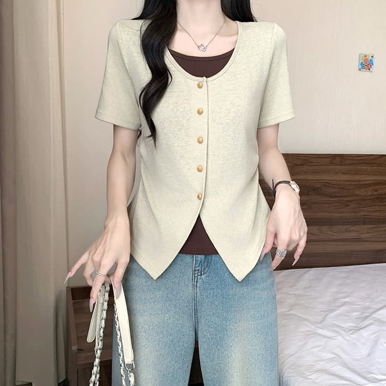 실사 2026 여름 드레스 새로운 지방 mm 빅 사이즈 여성 한 부서 배색 페이크 레이어드 꼬집기 허리 곡선 반팔 맨위 상세 이미지 20