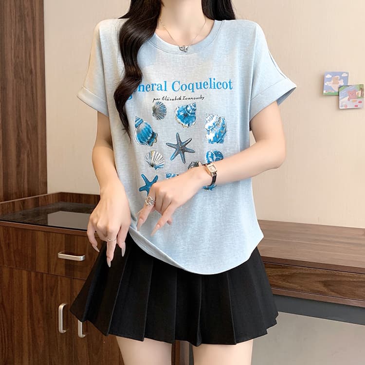 실사 2026 여름 드레스 새로운 지방 mm 빅 사이즈 여성 디자인 센스 라운드 넥 만화 프린트 Feifei 소매 반팔 티셔츠 상세 이미지 10