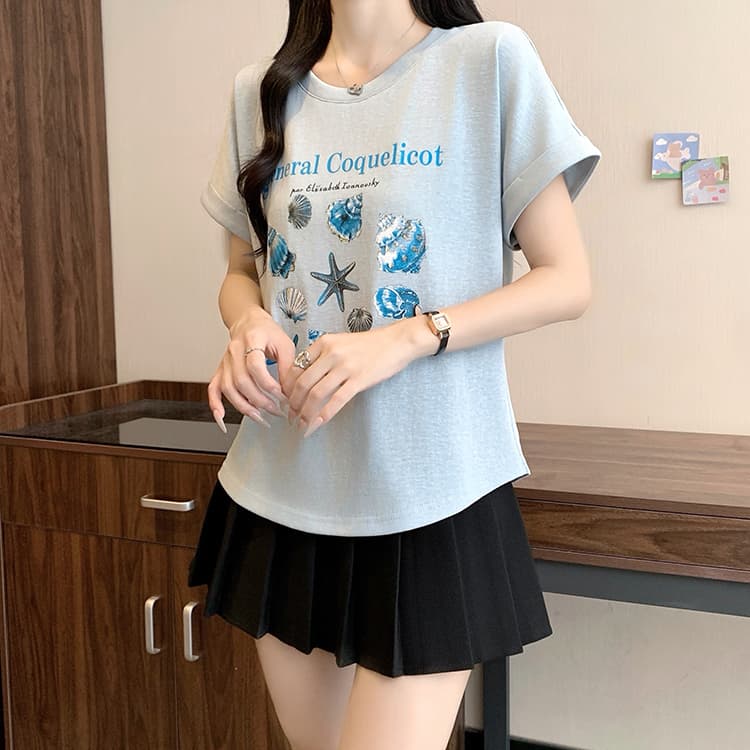 실사 2026 여름 드레스 새로운 지방 mm 빅 사이즈 여성 디자인 센스 라운드 넥 만화 프린트 Feifei 소매 반팔 티셔츠 상세 이미지 12