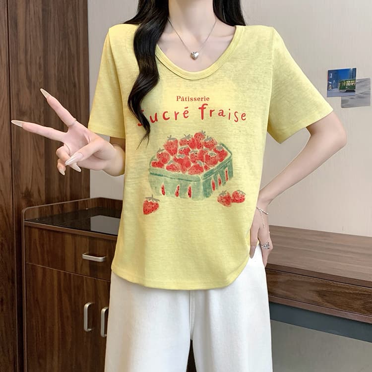 실사 2026 여름 드레스 새로운 지방 mm 빅 사이즈 여성 한 부서 미니멀리즘 만화 프린트 V넥 슬림해 보이는 반팔 티셔츠 상세 이미지 12