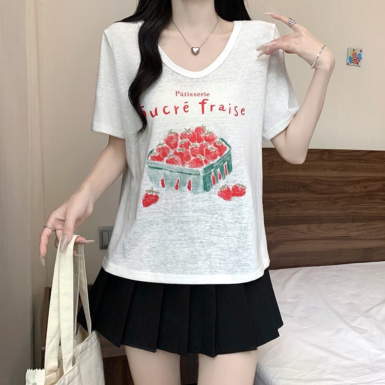 실사 2026 여름 드레스 새로운 지방 mm 빅 사이즈 여성 한 부서 미니멀리즘 만화 프린트 V넥 슬림해 보이는 반팔 티셔츠 상세 이미지 19
