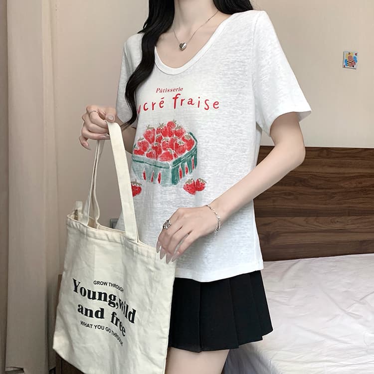 실사 2026 여름 드레스 새로운 지방 mm 빅 사이즈 여성 한 부서 미니멀리즘 만화 프린트 V넥 슬림해 보이는 반팔 티셔츠 상세 이미지 21