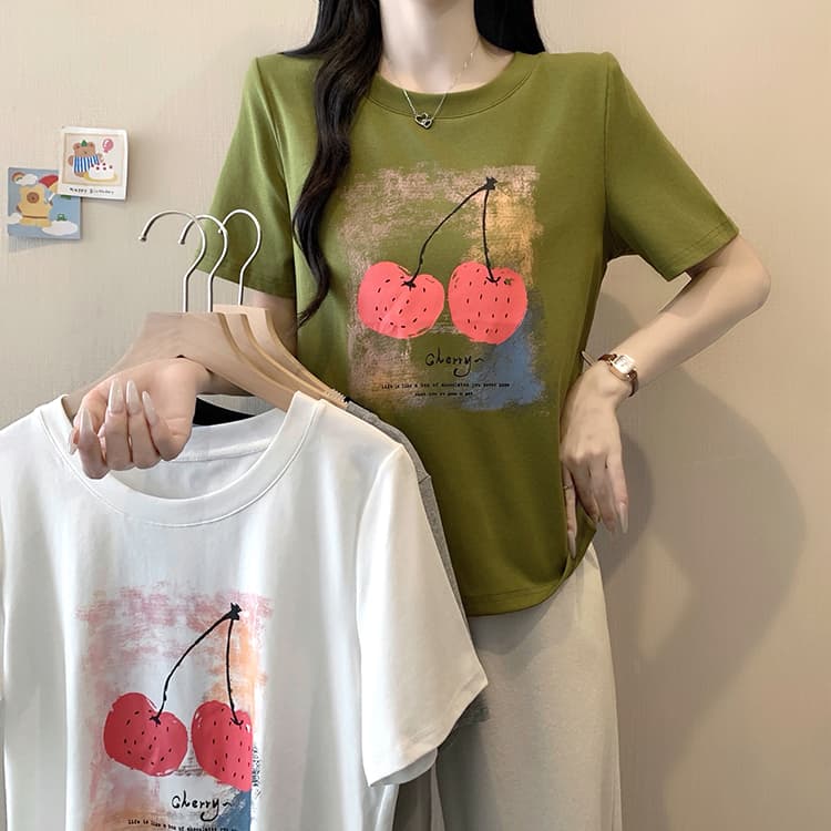 실사 2026 여름 드레스 새로운 지방 mm 빅 사이즈 여성 미니멀리즘 캐주얼 프린트 체리 라운드 넥 반팔 티셔츠 상세 이미지 4