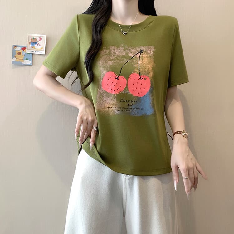 실사 2026 여름 드레스 새로운 지방 mm 빅 사이즈 여성 미니멀리즘 캐주얼 프린트 체리 라운드 넥 반팔 티셔츠 상세 이미지 6