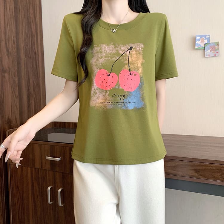 실사 2026 여름 드레스 새로운 지방 mm 빅 사이즈 여성 미니멀리즘 캐주얼 프린트 체리 라운드 넥 반팔 티셔츠 상세 이미지 8